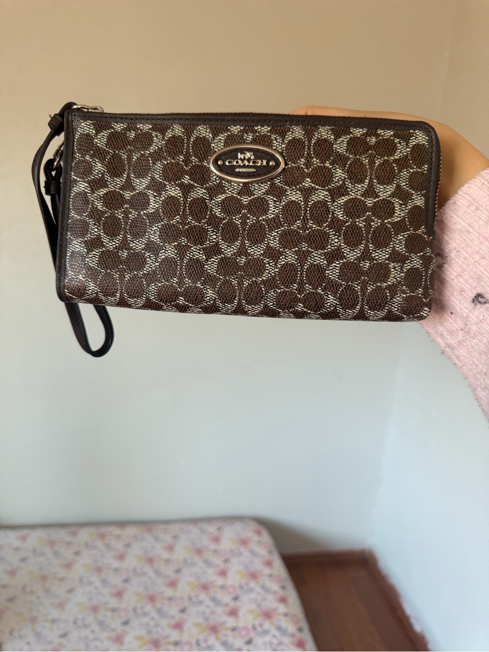 Coach Brown Logo-Print Wristlet Wallet with Black Trim